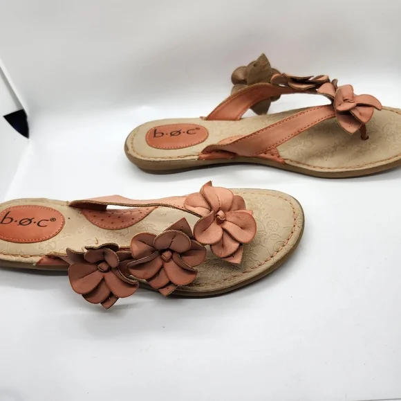 b.o.c  Born Womens Thong Sandals‎ 8M Orange Vegan Leather Flower Flip Flop Slide - Picture 3 of 8